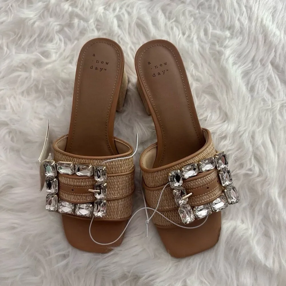 A New Day Kathleen Raffia Buckle Block Heels 7.5
